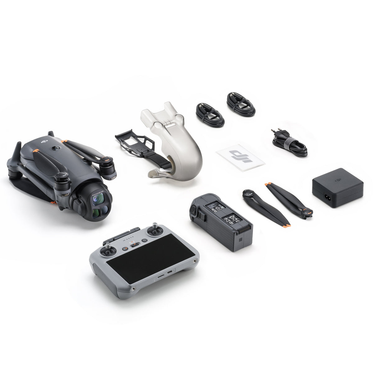 A DJI Mavic 4 Pro drone with remote controller, battery, gimbal protector, propellers and cables on a white background