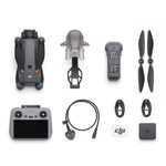 A DJI Mavic 4 Pro drone with remote controller, battery, propellers and cables shown at birds-eye view on a white background