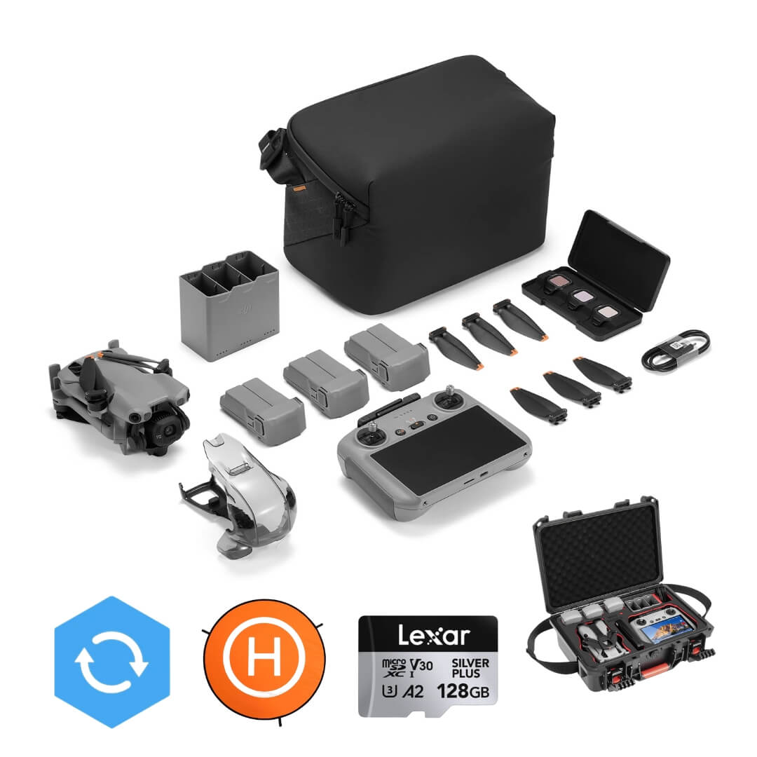 DJI Mini 5 Pro with Adventure mega bundle accessories on a white background