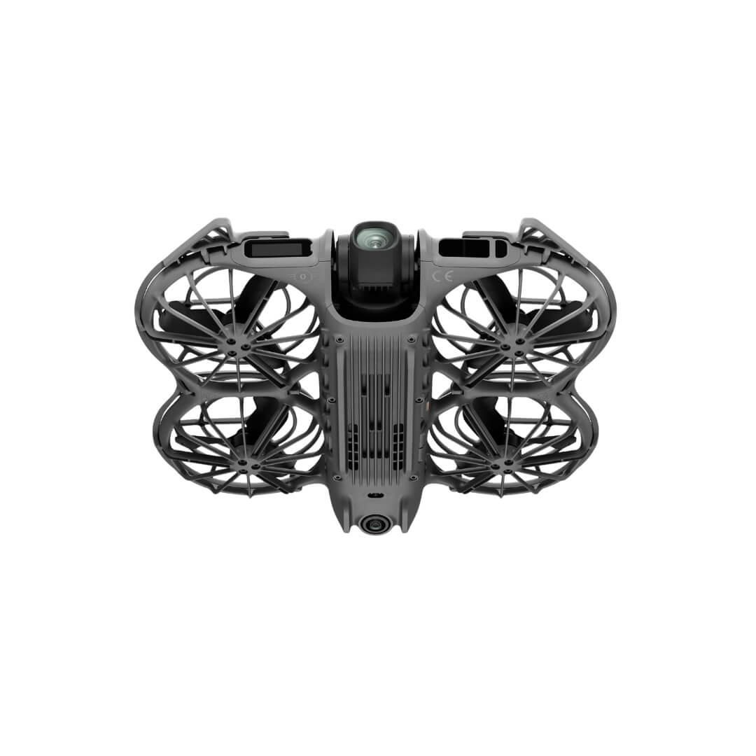 Black drone with fan-like structure on a white background