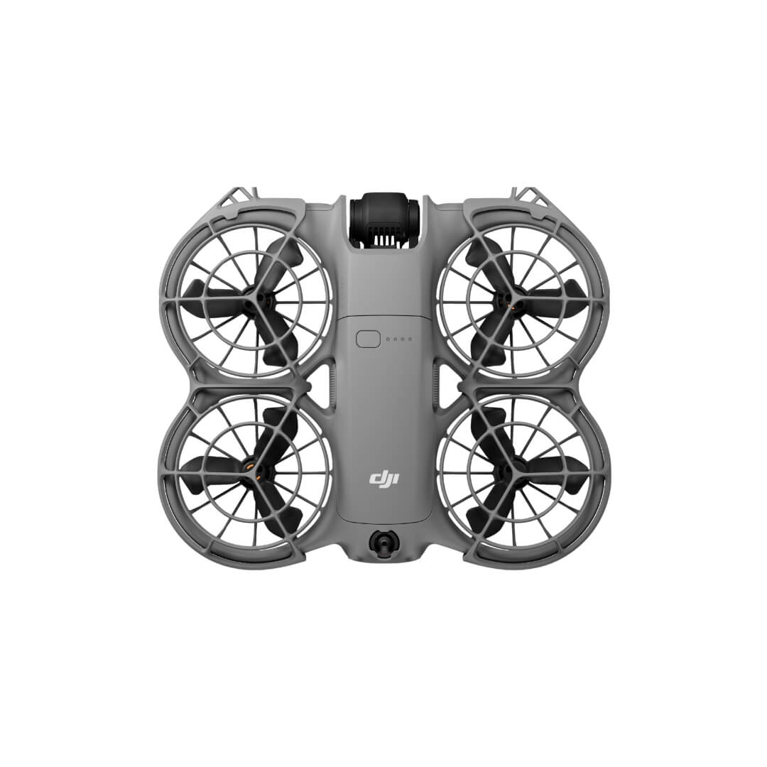 Gray drone with black propellers on a white background
