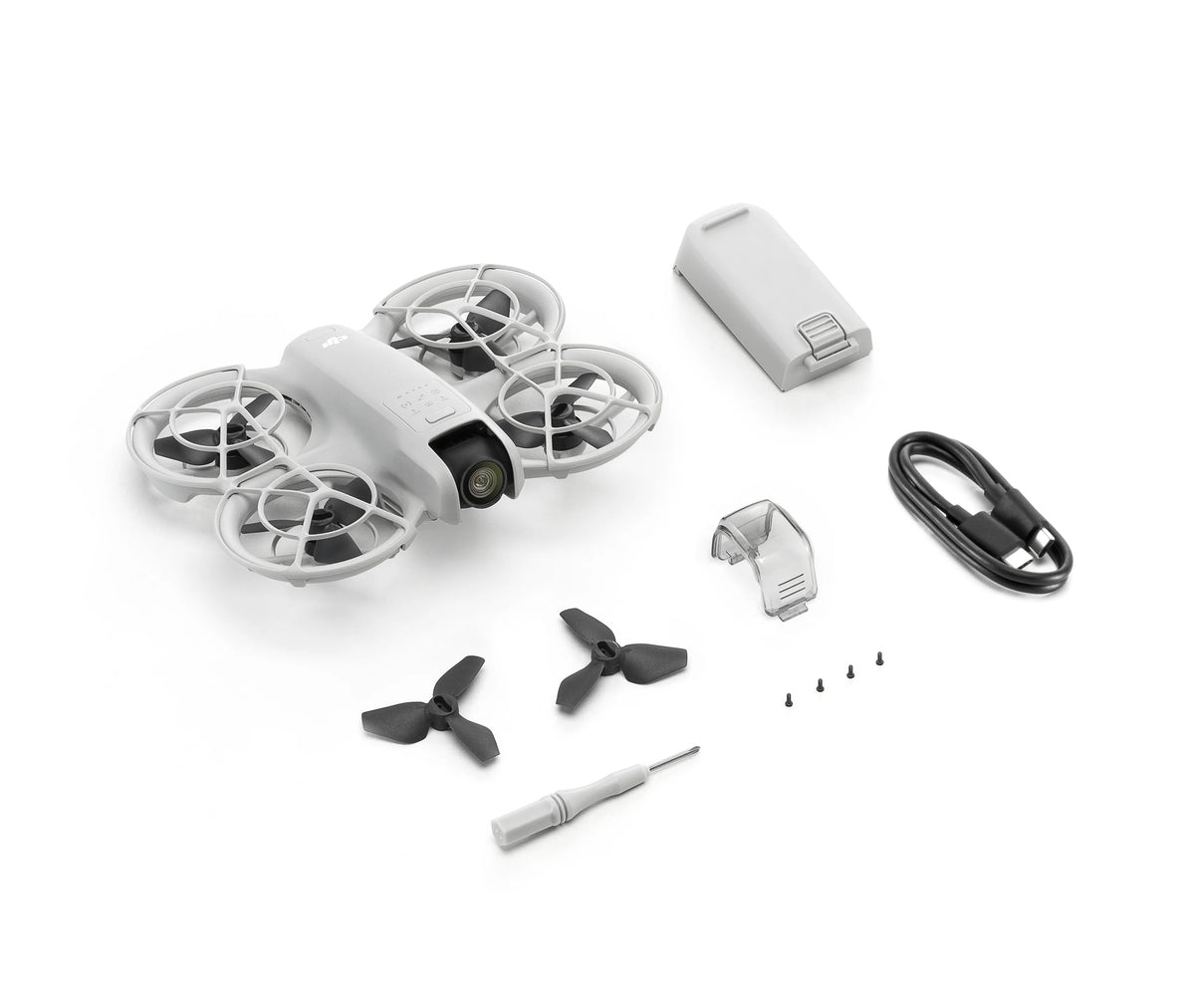 A DJI Neo drone with battery, pair of propellers, screws and cable on a white background