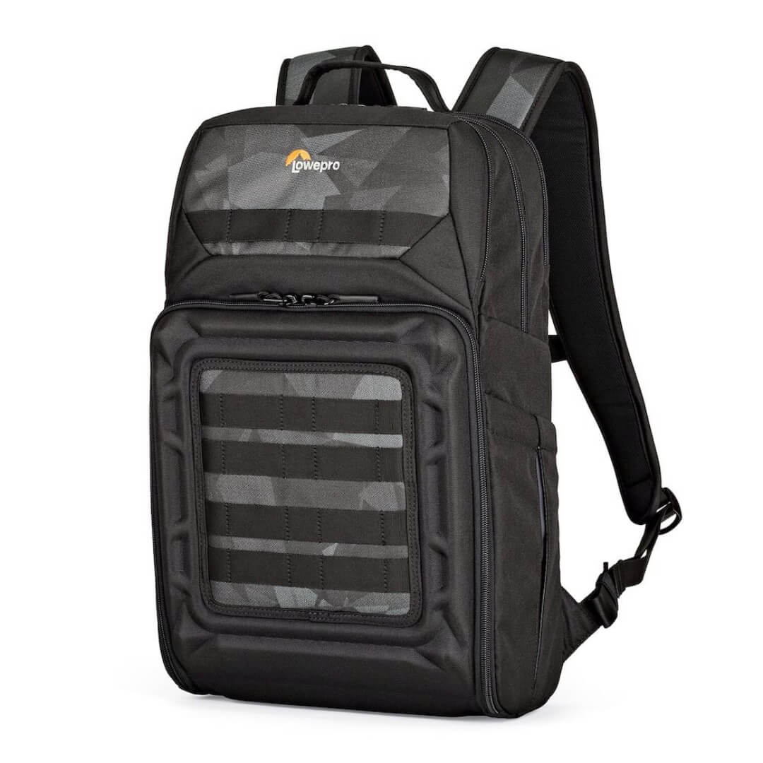 Black backpack with a visible brand logo on a white background