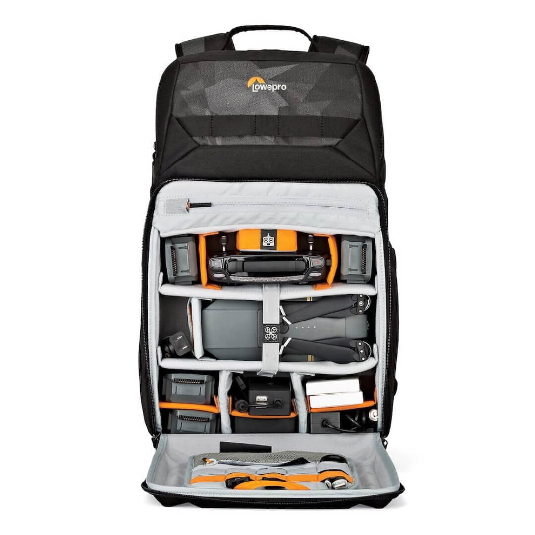 Camera backpack with compartments and Lowepro branding on a white background