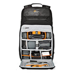 Camera backpack with compartments and Lowepro branding on a white background