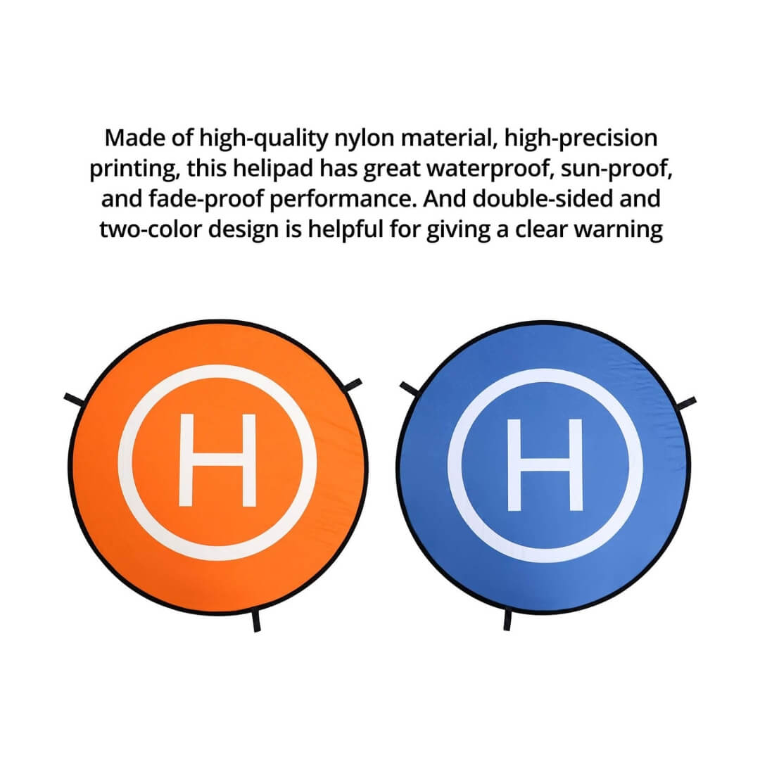 Two helipads, one orange and one blue, with a white 'H' symbol on a white background.