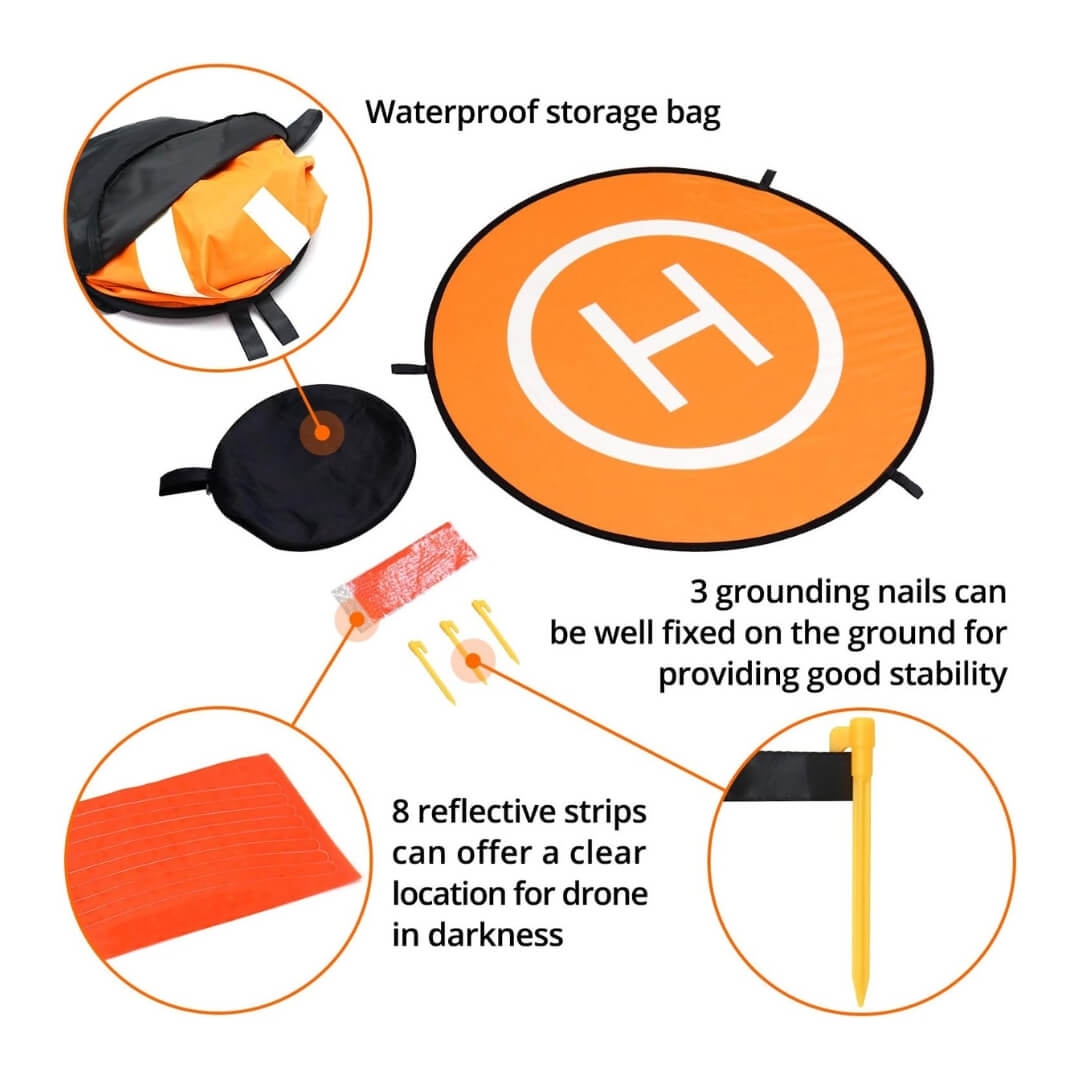 Orange round mat with 'H' symbol, waterproof storage bag, grounding nails, and reflective strips on a white background.