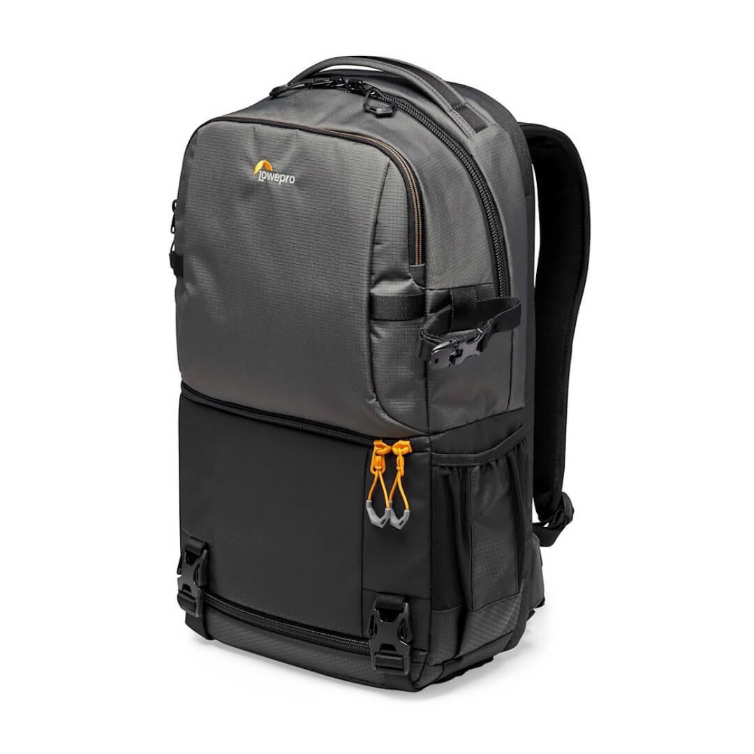 Grey and black backpack with orange accents on a white background
