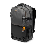 Grey and black backpack with orange accents on a white background