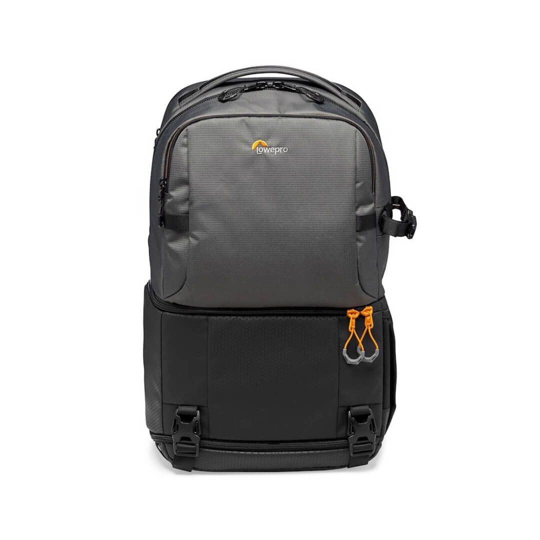 Gray and black backpack with a visible brand logo on a white background