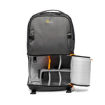 Grey backpack with open camera compartment on a white background