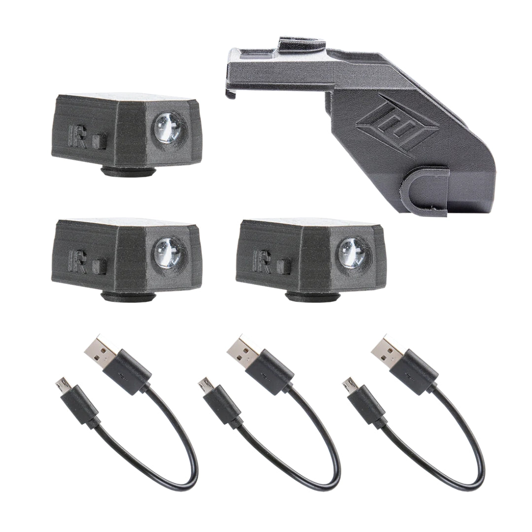 A set of black FoxFury D10 infrared lights with a custom saddle and USB cables shown against a white background