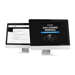 Two computer monitors displaying GVC Course renewal interface and course title on a white background