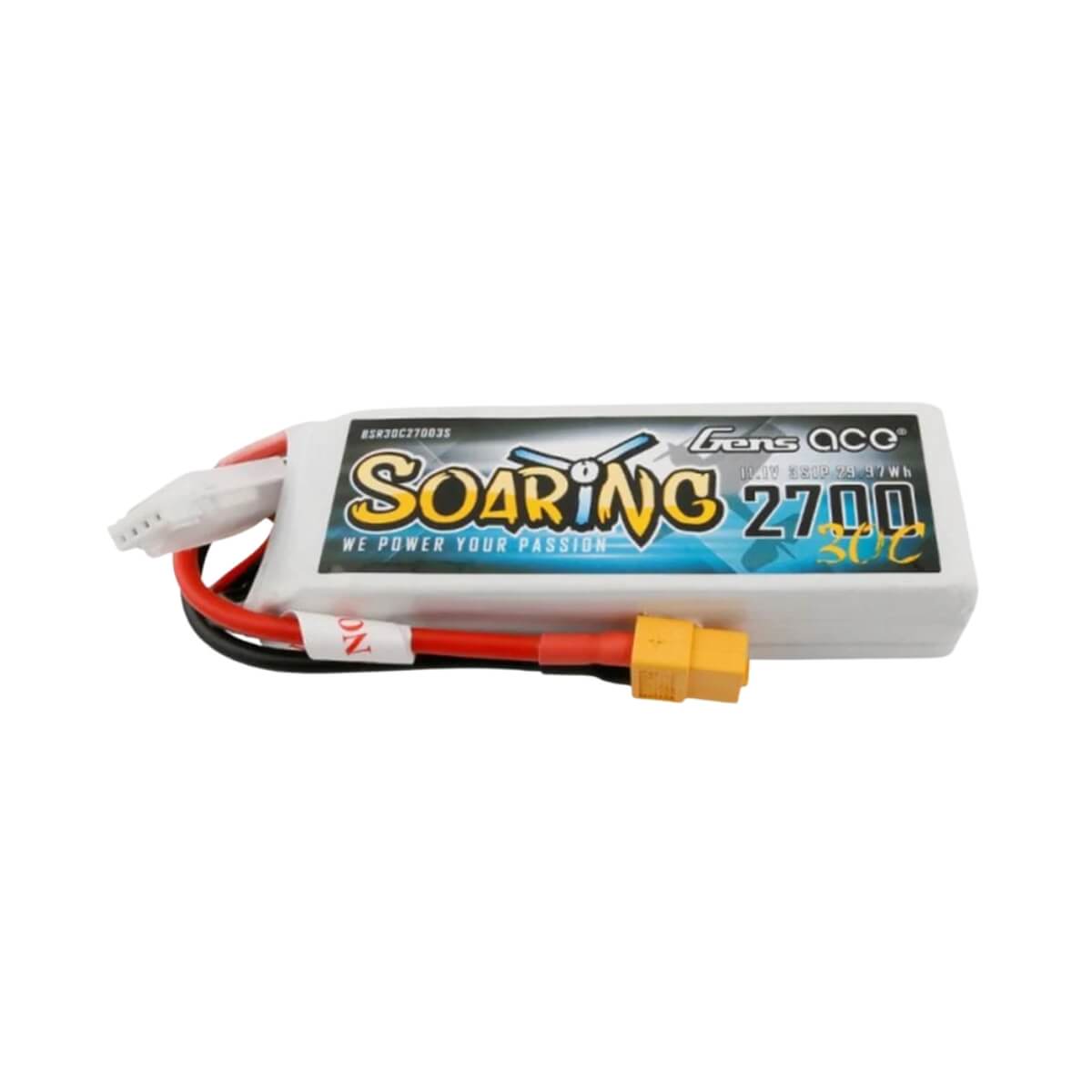 A Gens Ace Soaring 3S 2700mAh 30C LiPo battery with an XT60 connector, predominantly white in colour with some red wiring and a yellow connector on a white background