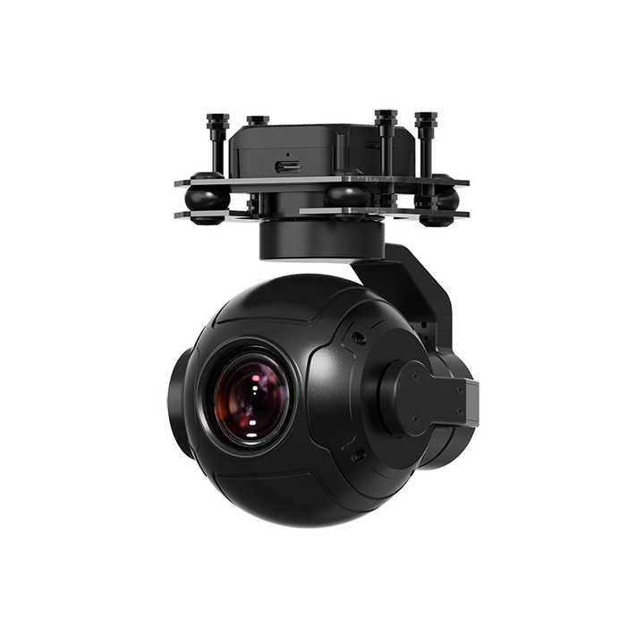 A black SIYI ZR10 gimbal camera with a 4K lens shown at front view on a white background