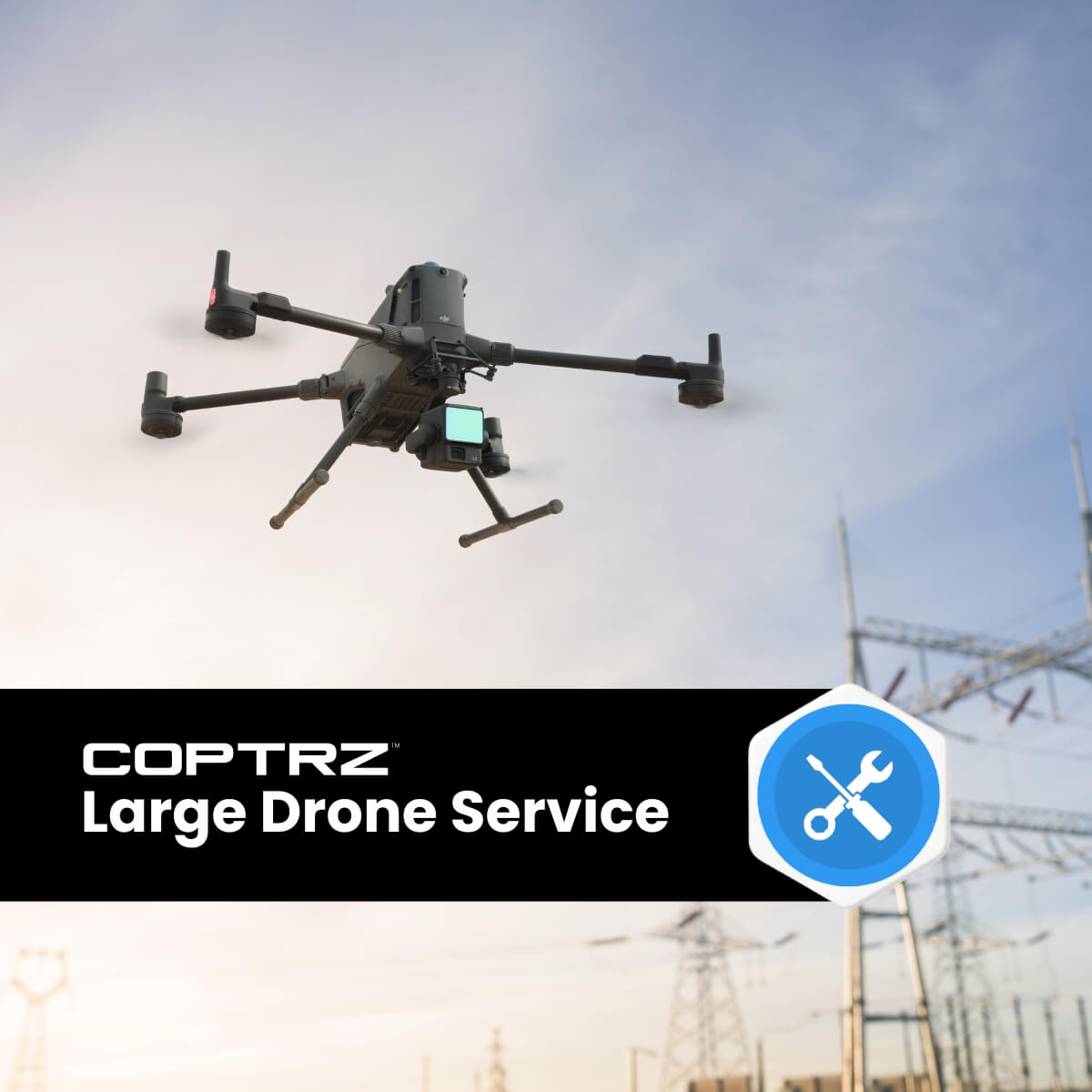 Enterprise drone flying with Coptrz Large Drone Service branding