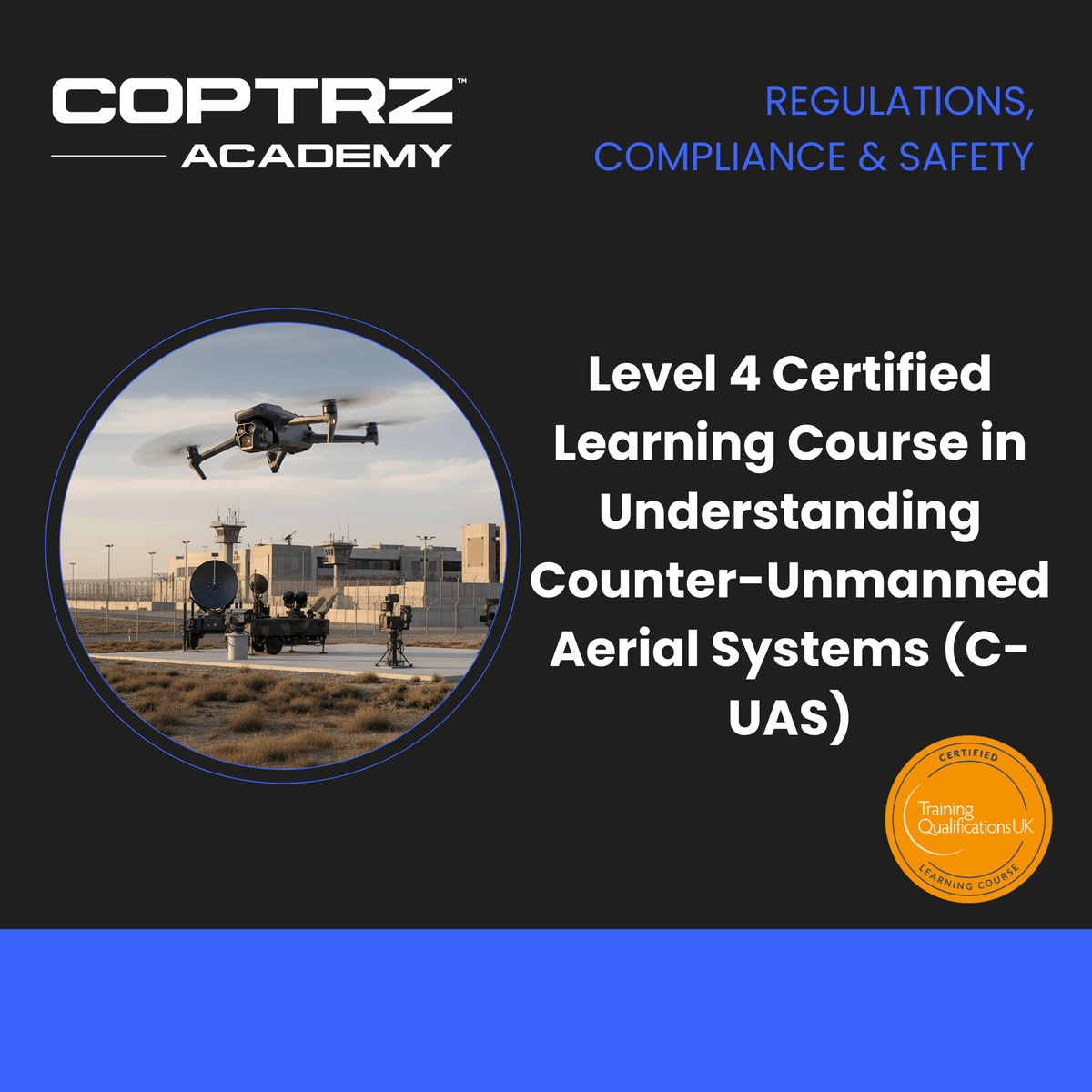 Advertisement for COPTRZ Academy's C-UAS certification course with a drone image.