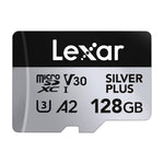 Lexar microSDXC card with 128GB capacity on a white background