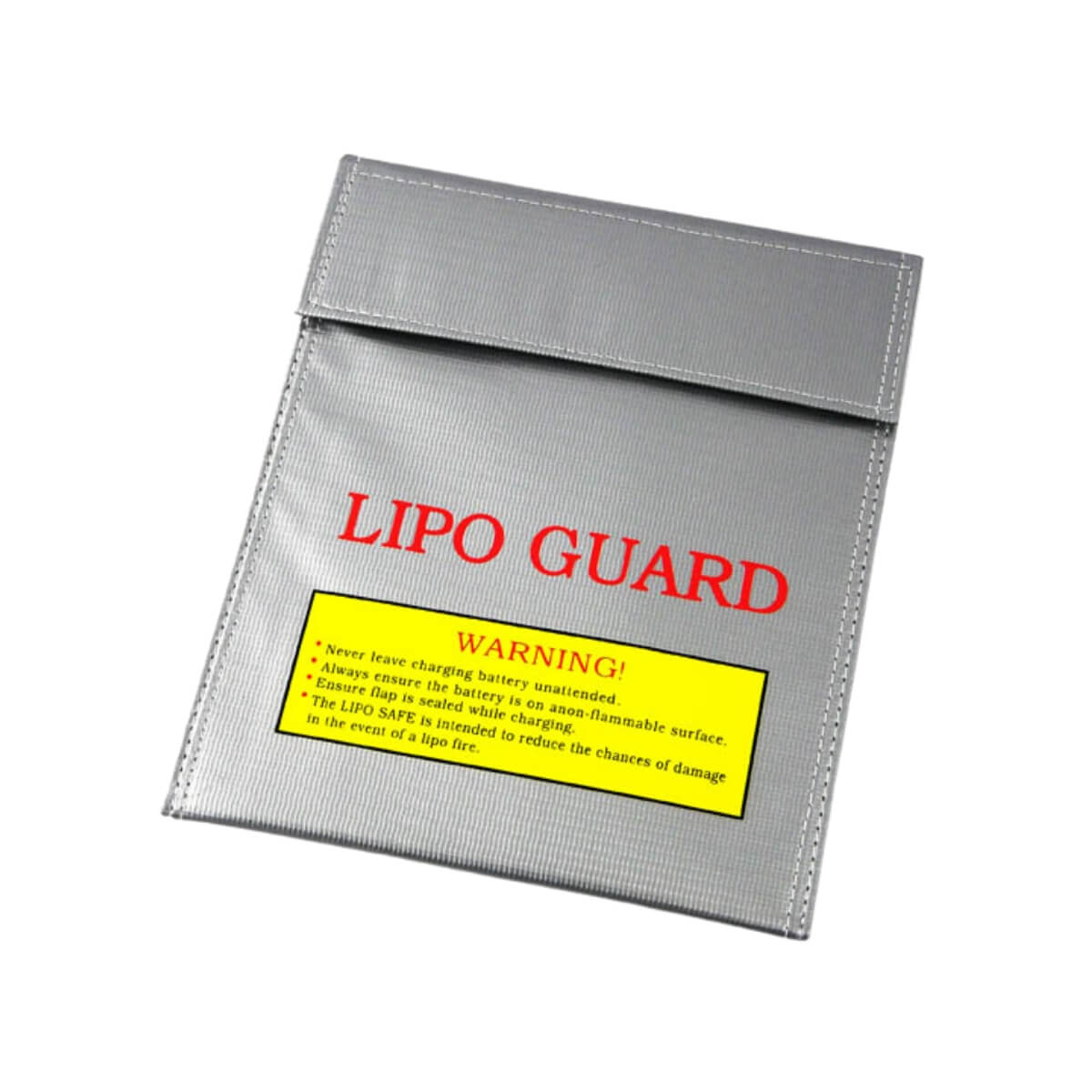 Grey 'Lipo Guard' bag with red text and a yellow warning label on a white background