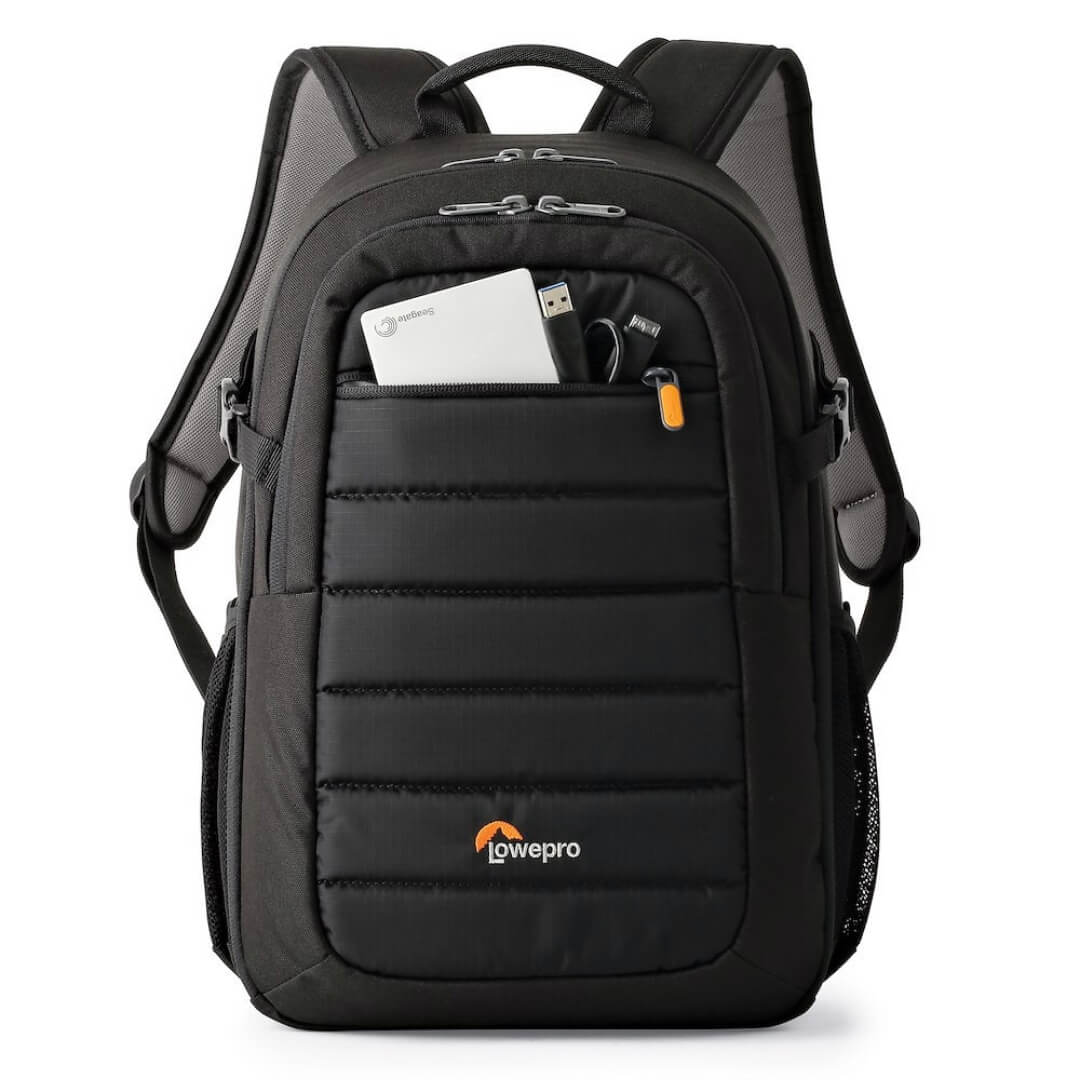 Black backpack with visible Lowepro logo on a white background