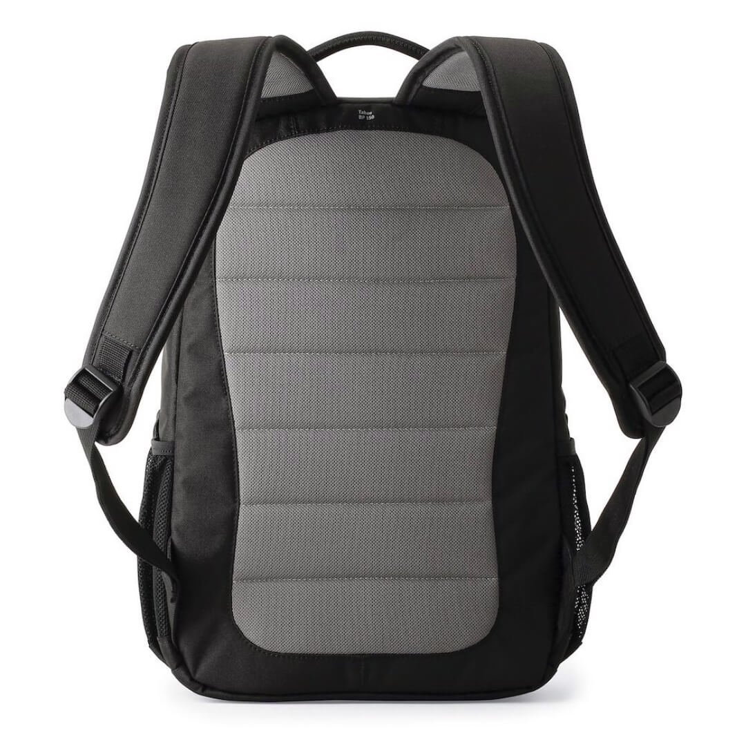 Grey and black backpack with straps on a white background