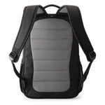 Grey and black backpack with straps on a white background