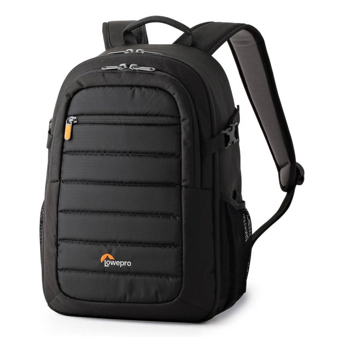 Black backpack with visible Lowepro logo on a white background