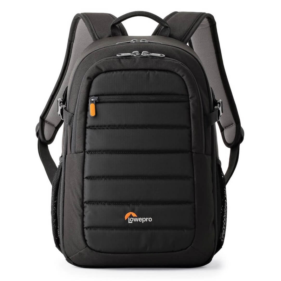 Black backpack with Lowepro logo on a white background
