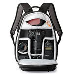 Camera backpack with compartments for camera equipment on a white background