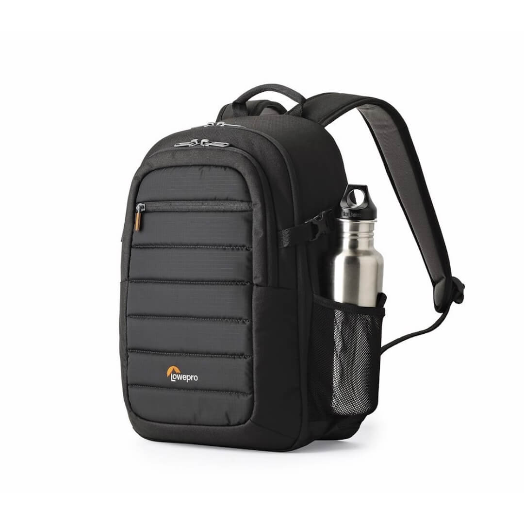 Black backpack with water bottle against a white background