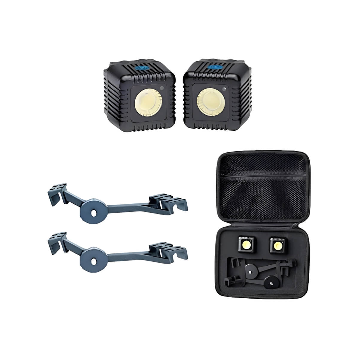 Two camera lights with accessories on a white background