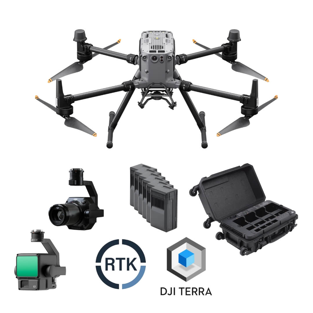 DJI Matrice 350 L2 P1 surveying combo kit with payloads, batteries, case, RTK license and Terra software on white background