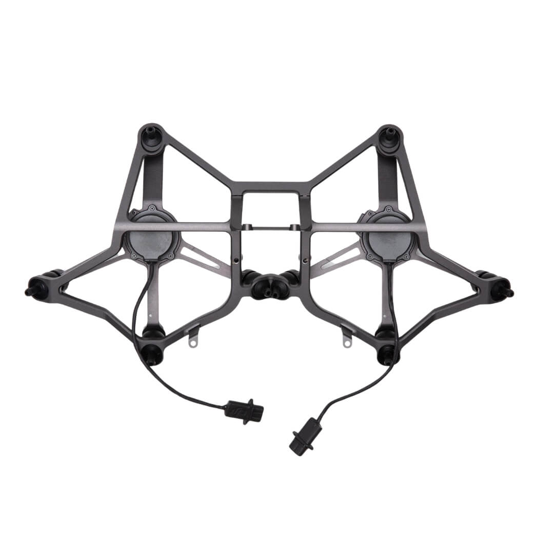 Black drone frame shown at front view on a white background