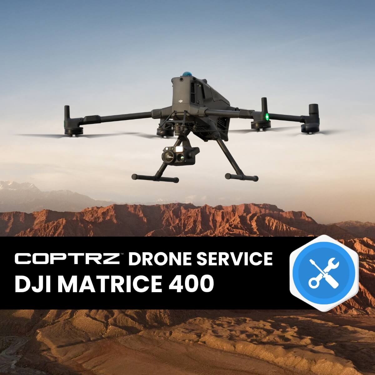 DJI Matrice 400 drone flying over a desert landscape with Coptrz Drone Service branding.