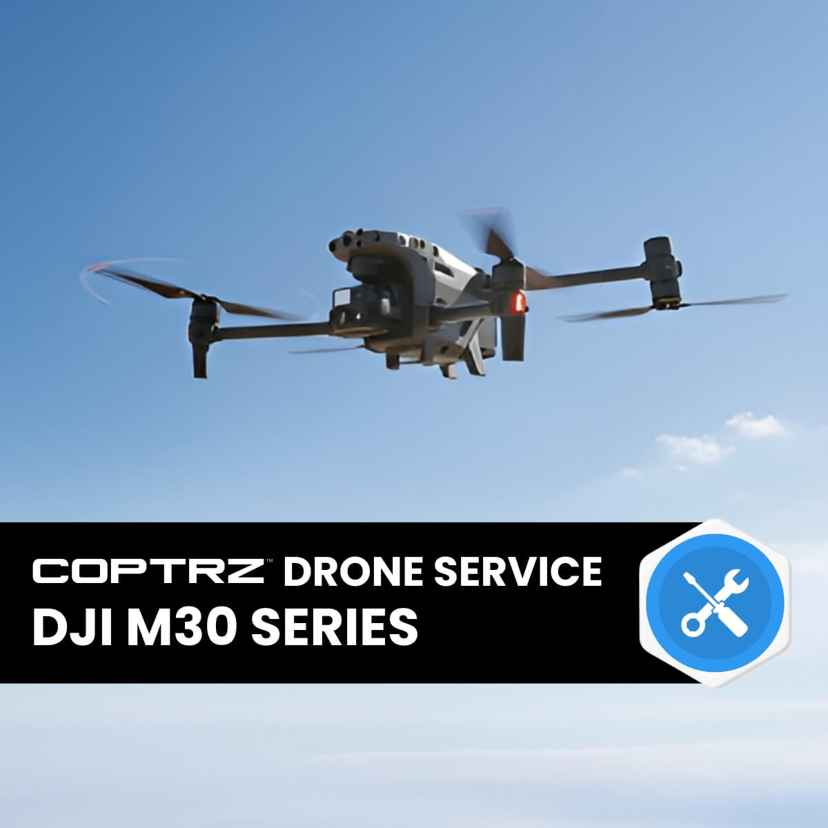 DJI M30 series drone flying in the sky with Coptrz Drone Service branding.