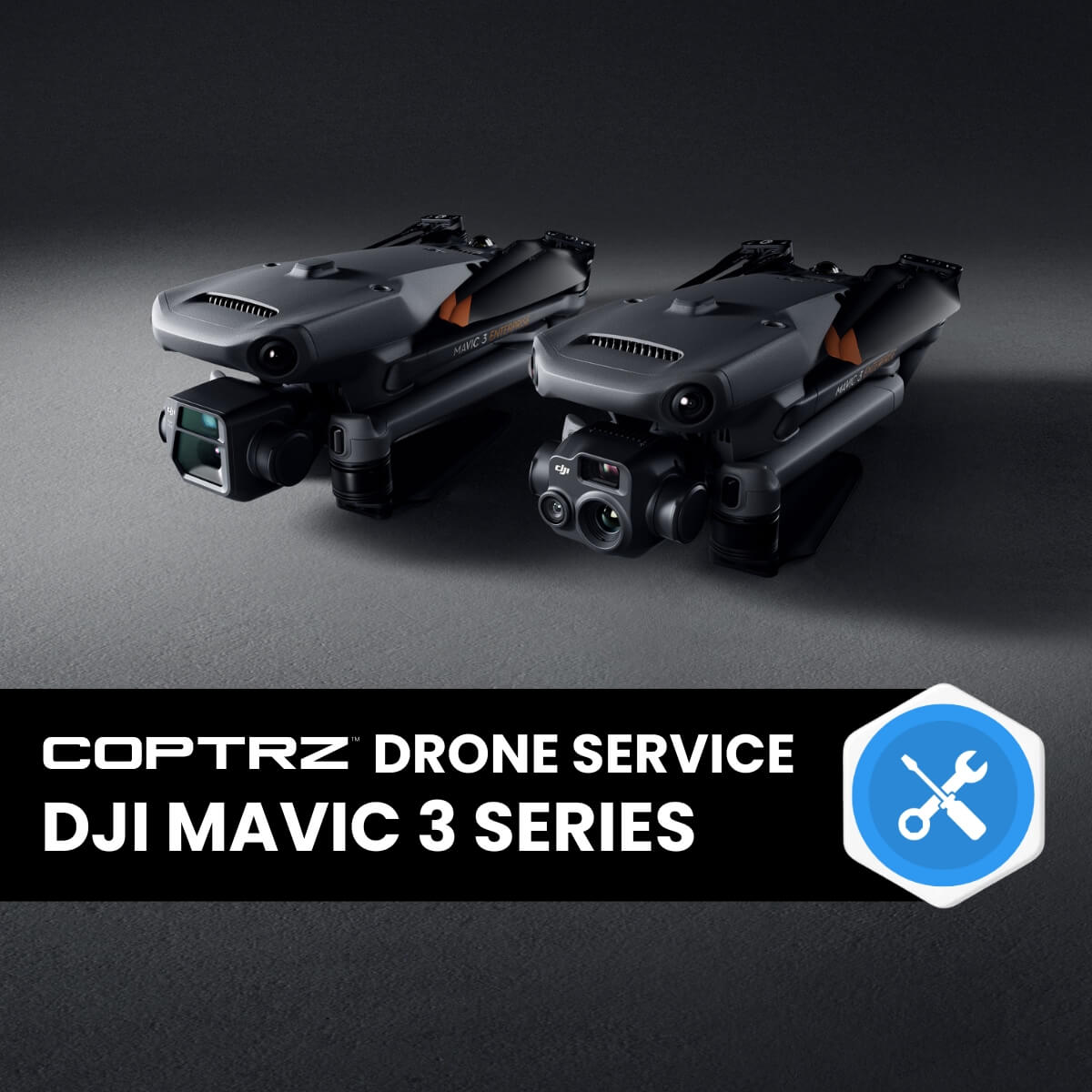 Two DJI Mavic 3 drones on a dark gray background with 'Coptrz Drone Service' text.