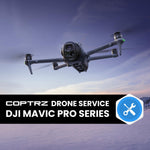 DJI Mavic Pro series drone flying against a blue sky with a service banner below.