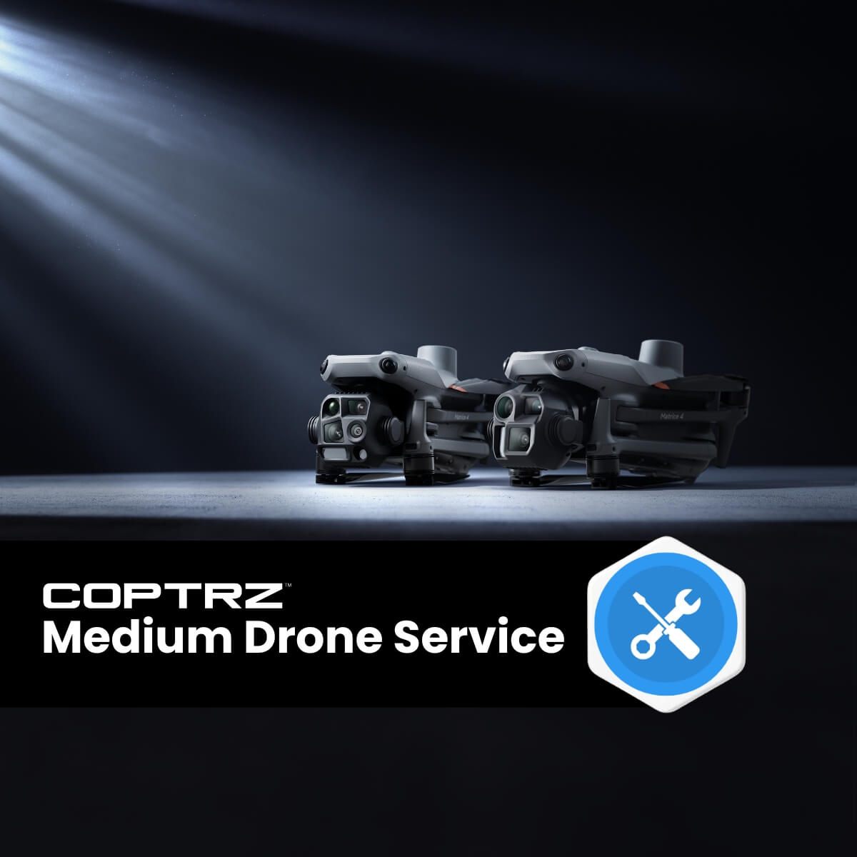 Two enterprise drones on a dark background with Coptrz Medium Drone Service branding