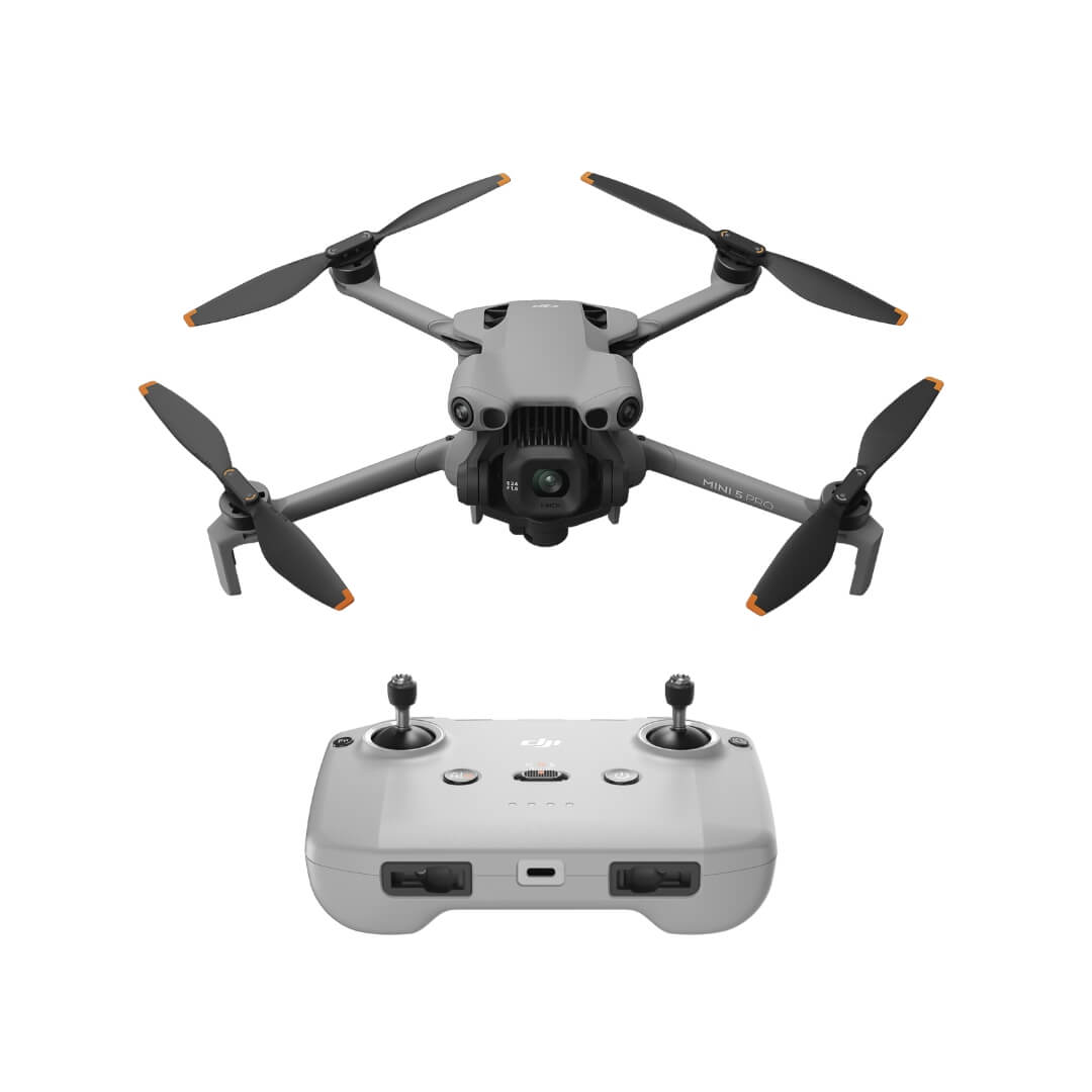 Mini 5 Pro drone with RC-N3 controller on front view angle on a white background
