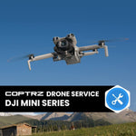 DJI Mini Series drone flying against a blue sky with a mountainous background