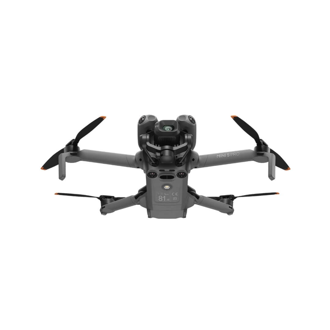 Mini 5 Pro drone on front bottom up view angle on a white background