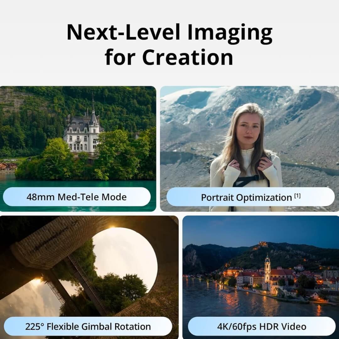 Collage of images with text highlighting imaging features like '48mm Med-Tele Mode', 'Portrait Optimization', '225° Flexible Gimbal Rotation', and '4K/60fps HDR Video'
