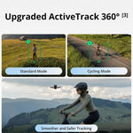 Upgraded ActiveTrack 360° device with standard and cycling modes shown, featuring a person in a field and on a bike