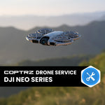 Drone flying in the sky with a mountainous background and Coptrz Drone Service branding.