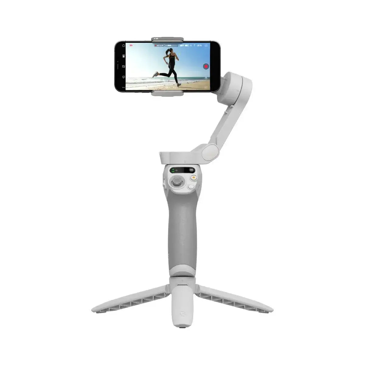 DJI Osmo Mobile SE handheld gimbal with tripod legs front view on white background