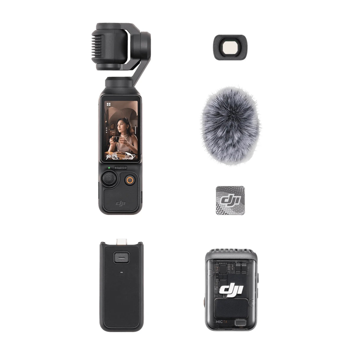 DJI Osmo Pocket 3 camera with accessories at birds-eye view on a white background