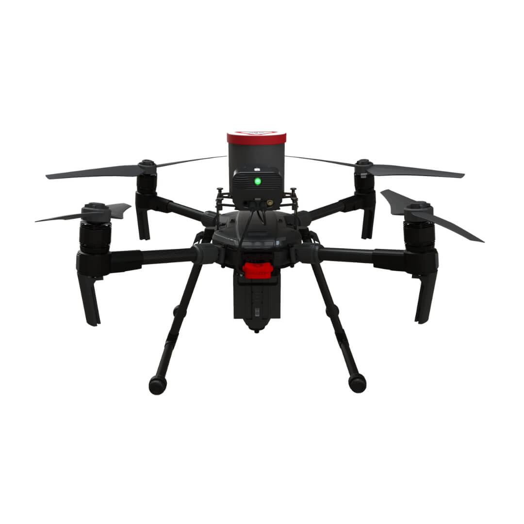 Black drone with red accents on a white background