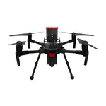 Black drone with red accents on a white background