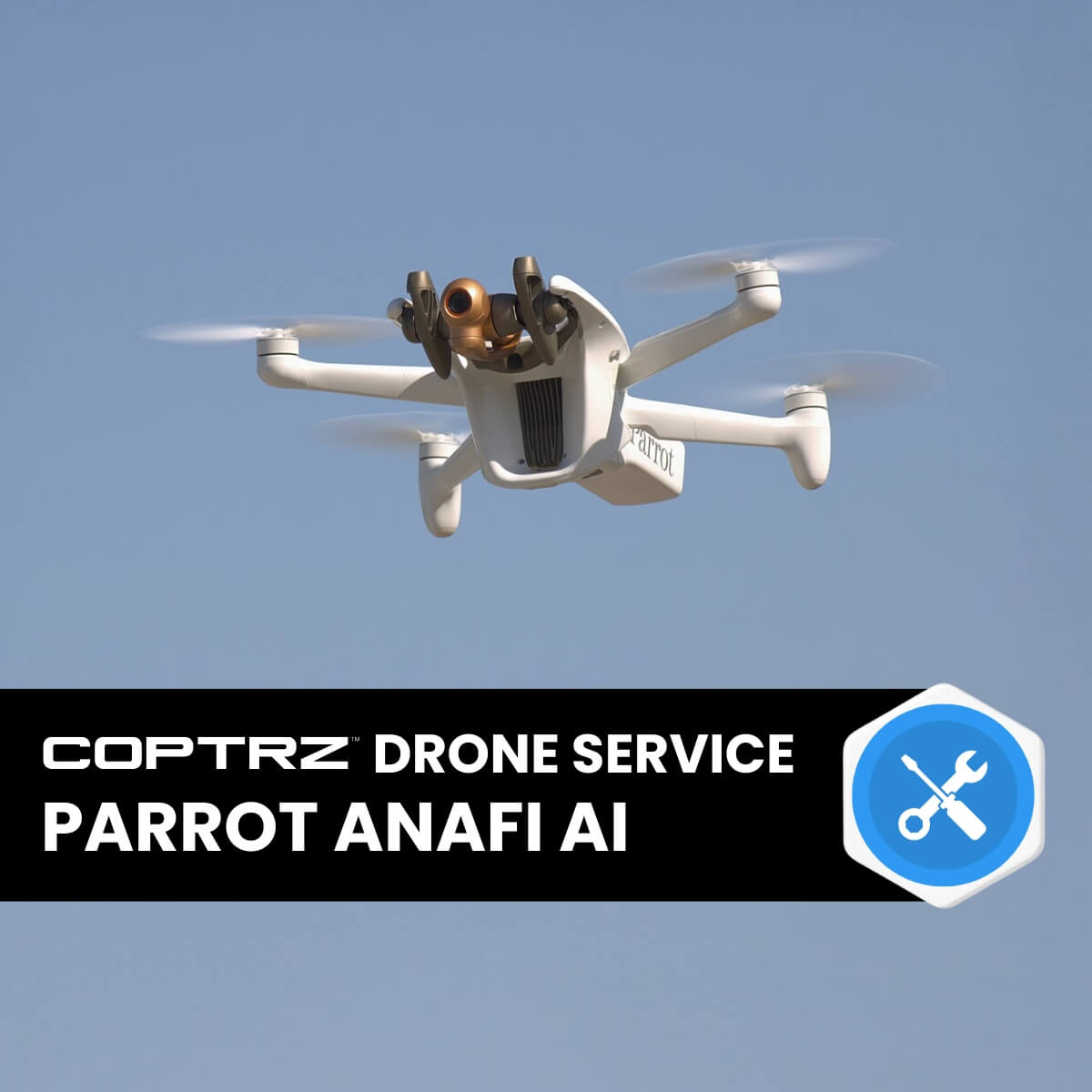 Parrot Anafi AI drone flying against a clear blue sky with Coptrz Drone Service branding.