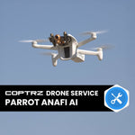 Parrot Anafi AI drone flying against a clear blue sky with Coptrz Drone Service branding.